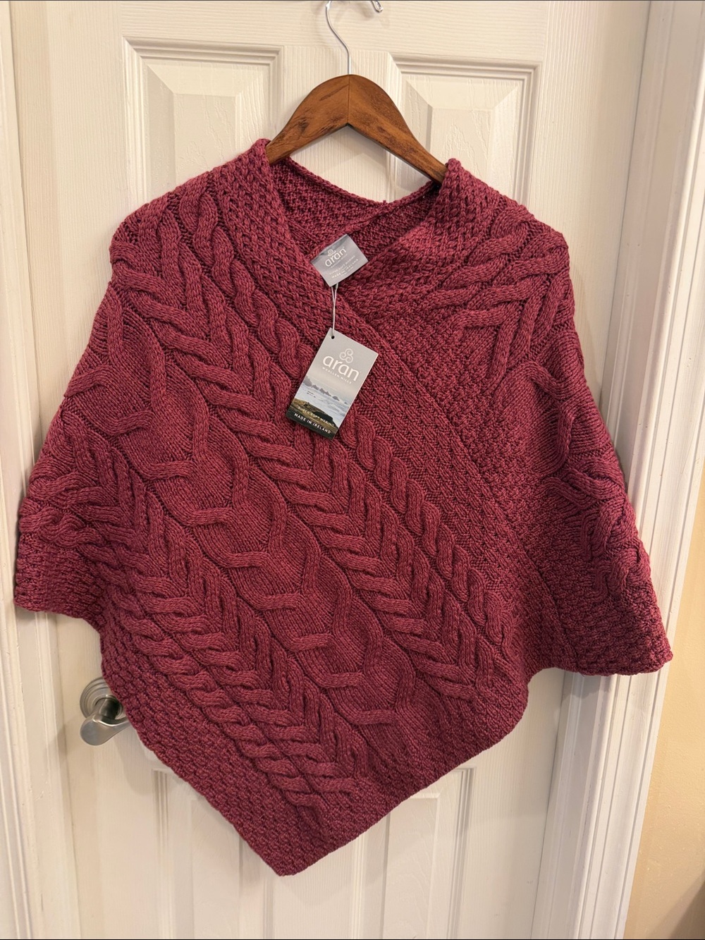 Aran Raspberry Cable-Knit Poncho Sweater